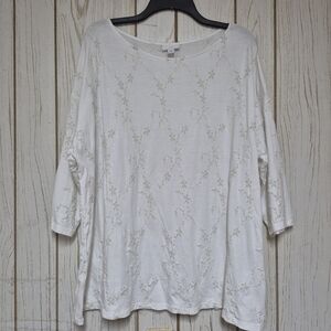J. Jill Floral Embroidered 3/4 Sleeve Tee  Ivory Raglan Sleeve Cotton Blend 2X